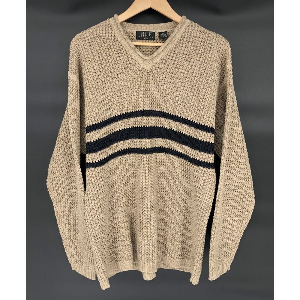 Vintage Rue 21 Beige V-Neck Sweater With Black Stripes Men XL Ramie Grandpa y2k